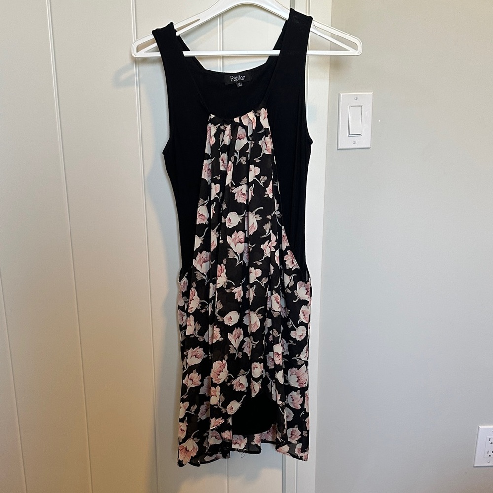 Papillon Blanc Black and Pink Floral Mini Dress